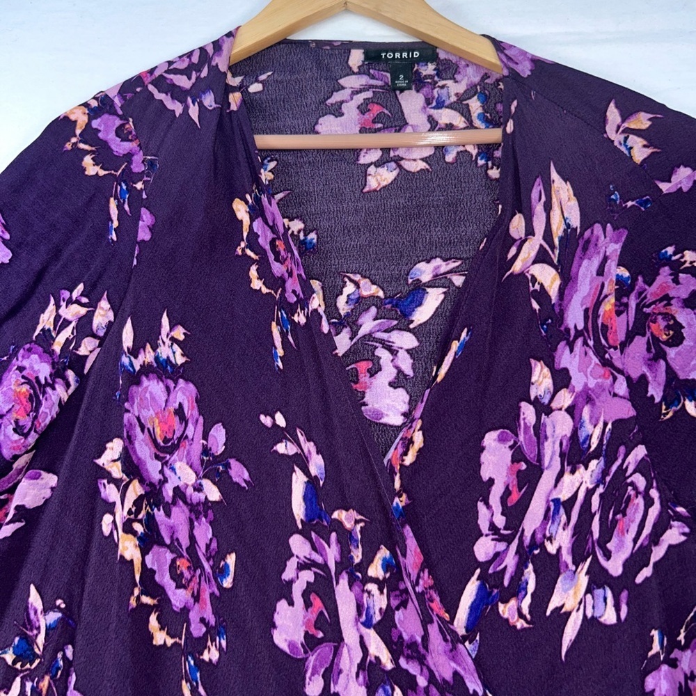 Torrid Floral Fringe Kimono Cardigan Purple Boho Rayon Size 2 (18/20) (2X) - Picture 9 of 12